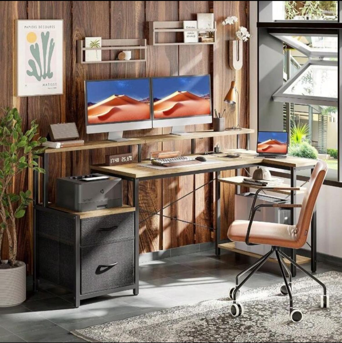 L Shaped Desk With LED Power Outlets 165x80cm Computer Desk With 2 Drawers Gaming Desk With Reversible Storage Shees Corner Desk Large Monitor Stand Table For Home Office Grey