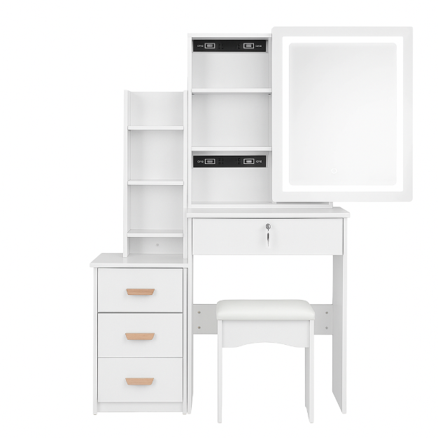 Dressing Table With LED Lighted Mirror And Stool, Vanity Makeup Table, 4 Drawer