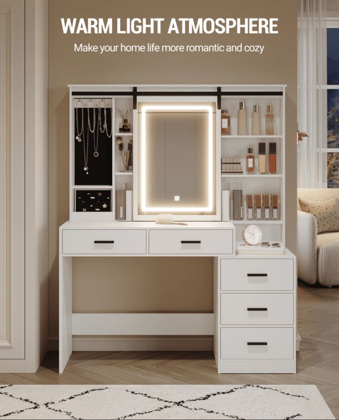 Dressing Table With Adjustable LED Lights, Removable Large Mirror, With Jewellery Storage, Open Shelves, 5 Drawers, With Beside Table, For Bedroom, White