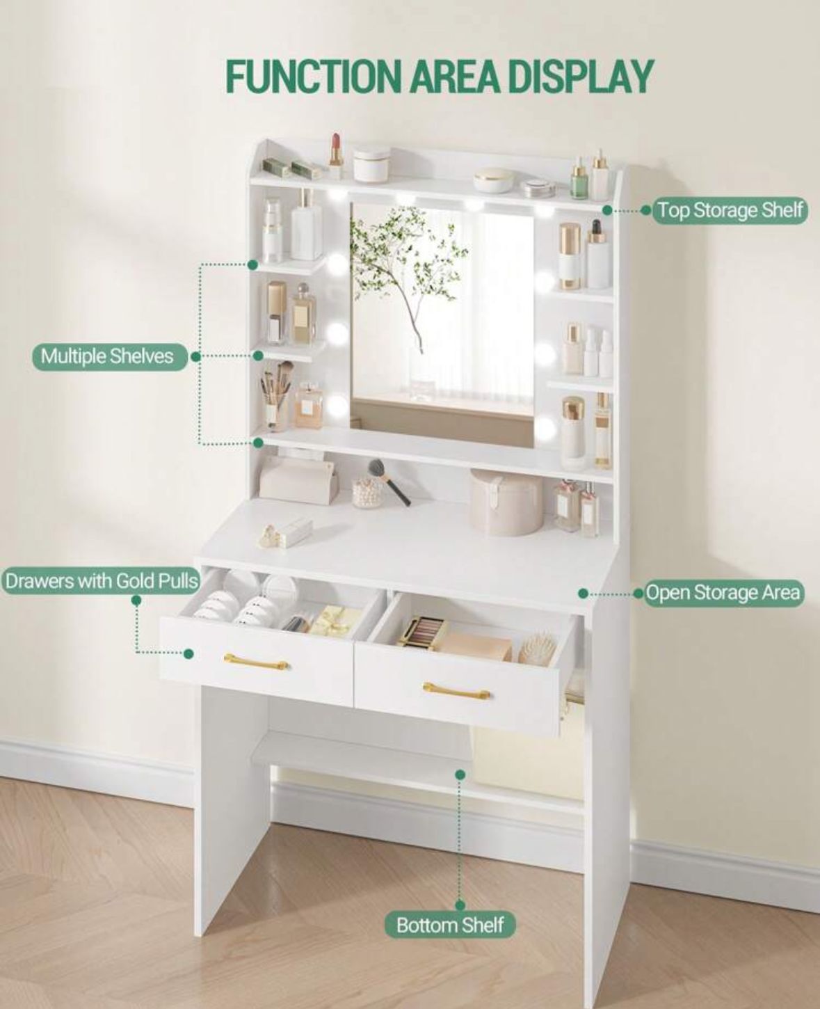 Dressing Table With Mirror, Dressing Table With Shelves And 2 Drawers, For Bedroom, Living Room, Adjustable Brightness, 40 X 80 X 149 Cm, White