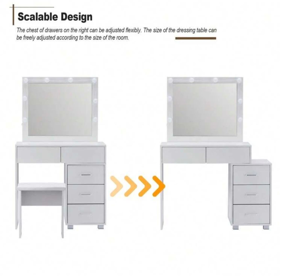 Dressing Table And Stool, 5 Drawers Vanity Table Adjustable Brightness Mirror