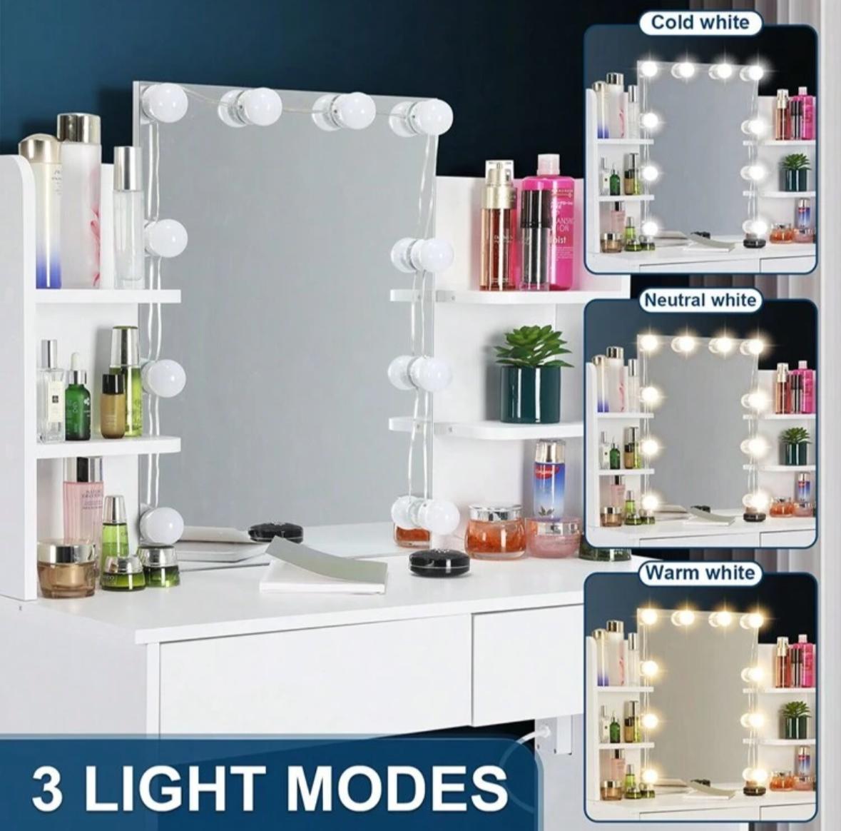 Large Vanity Desk Dressing Table Stool Set With LED Dimmable Mirror