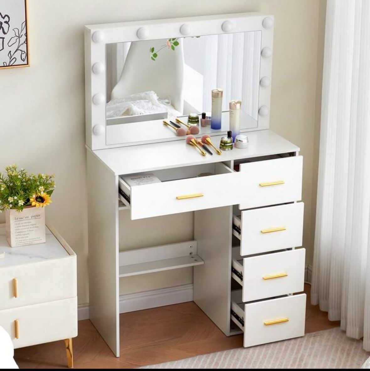 5-Drawers Vanity Table Set W/ Charging Station LED Mirror Makeup Desk Modern