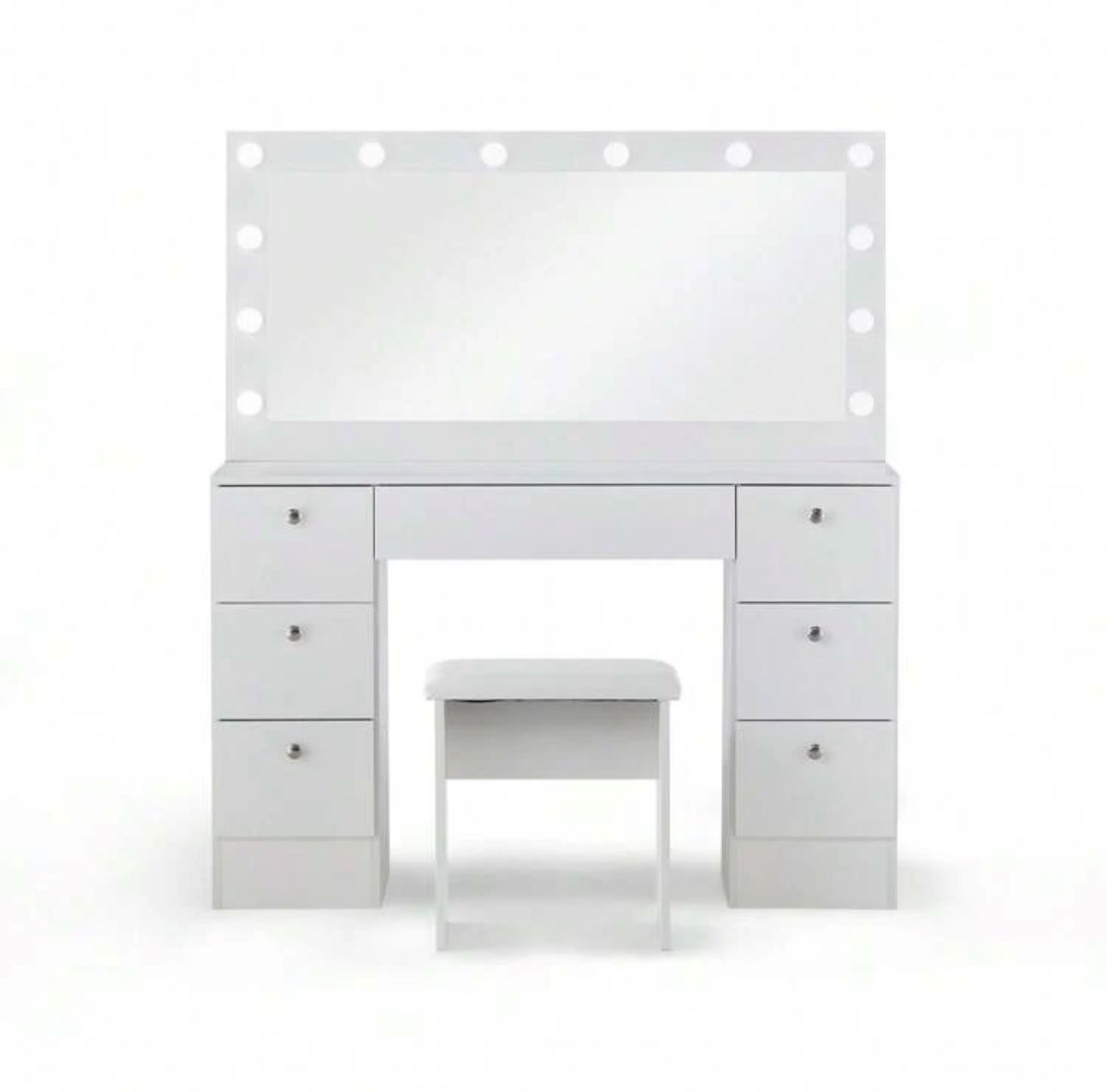 White Dressing Table With Mirror And Cushioned Stool, 7 Drawers Vanity Table