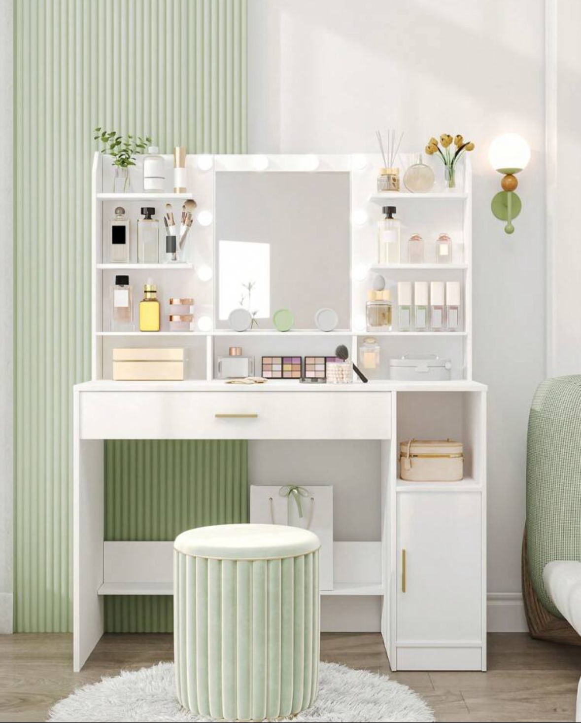 Dressing Table, Large Tabletop With Mirror, LED Light With Adjustable Brightness