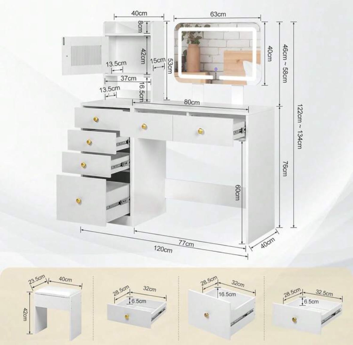 White Dressing Table With Mirror And Stool, Vanity Desk With Height Adjustable Lighted Mirror, Makeup Table With 6 Drawers