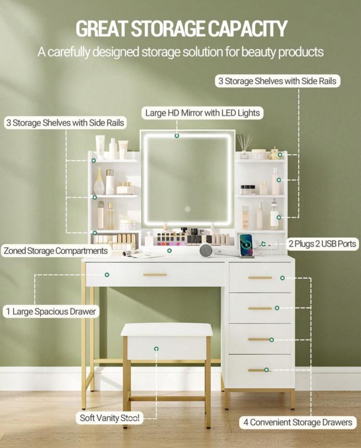 Dressing Table, With Padded Stool, HD Mirror, 5 Drawers, Open Storage Compartment, Modern Style, White-Gold