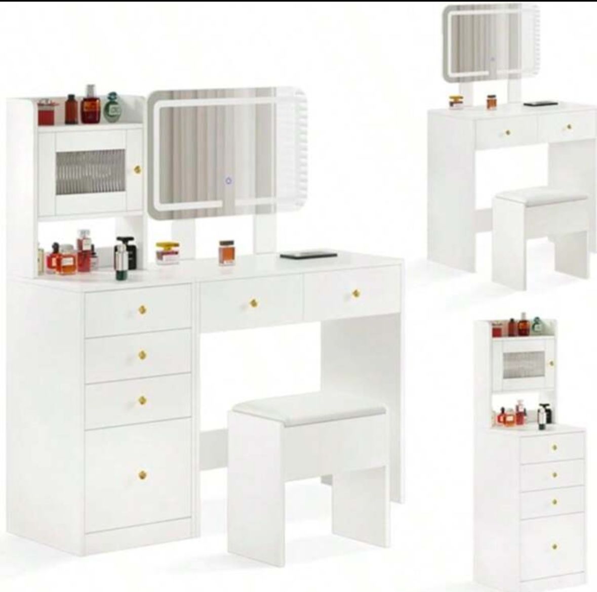 White Dressing Table With Mirror And Stool, Vanity Desk With Height Adjustable Lighted Mirror, Makeup Table With 6 Drawers