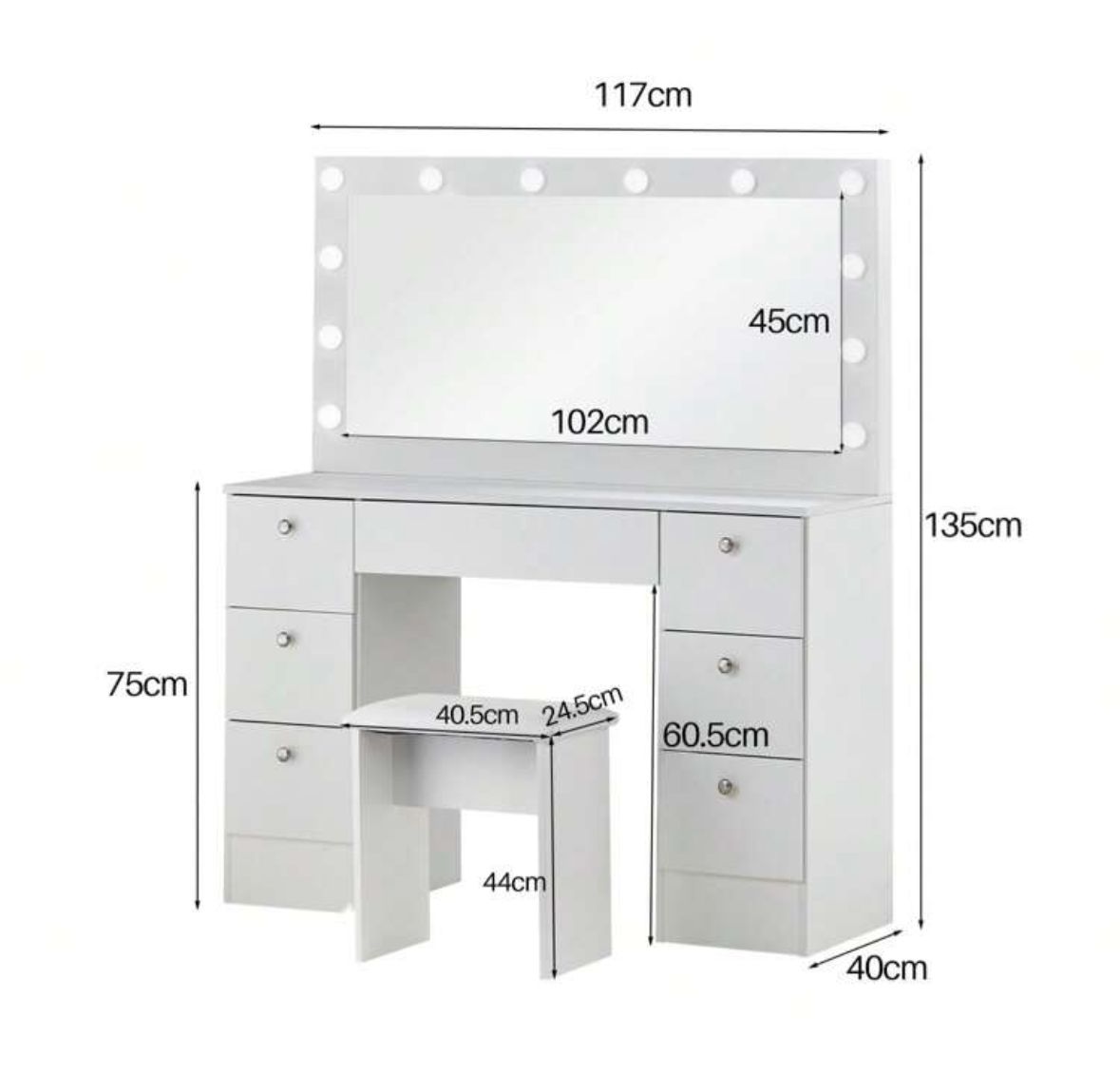 White Dressing Table With Mirror And Cushioned Stool, 7 Drawers Vanity Table