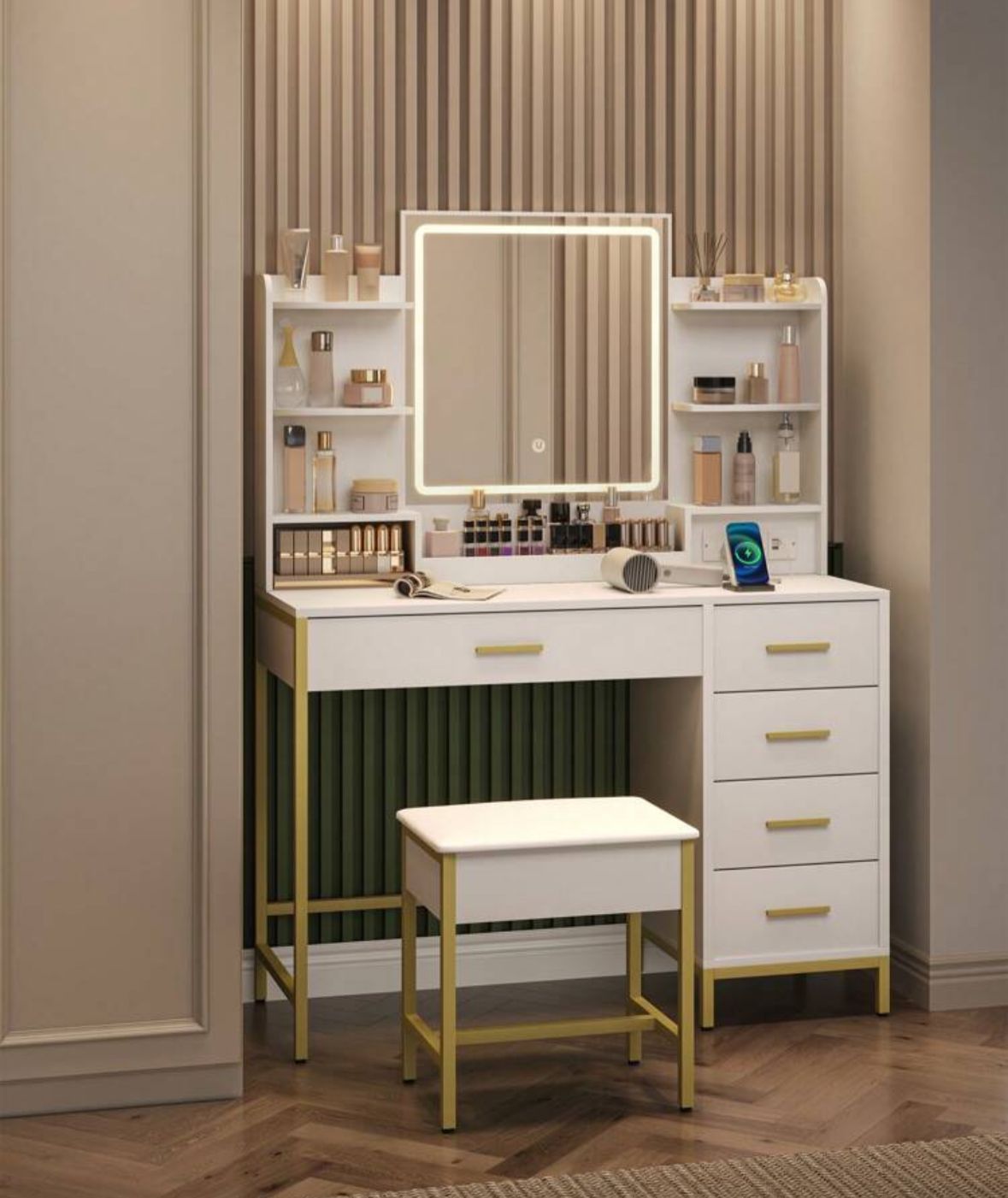 Dressing Table, With Padded Stool, HD Mirror, 5 Drawers, Open Storage Compartment, Modern Style, White-Gold