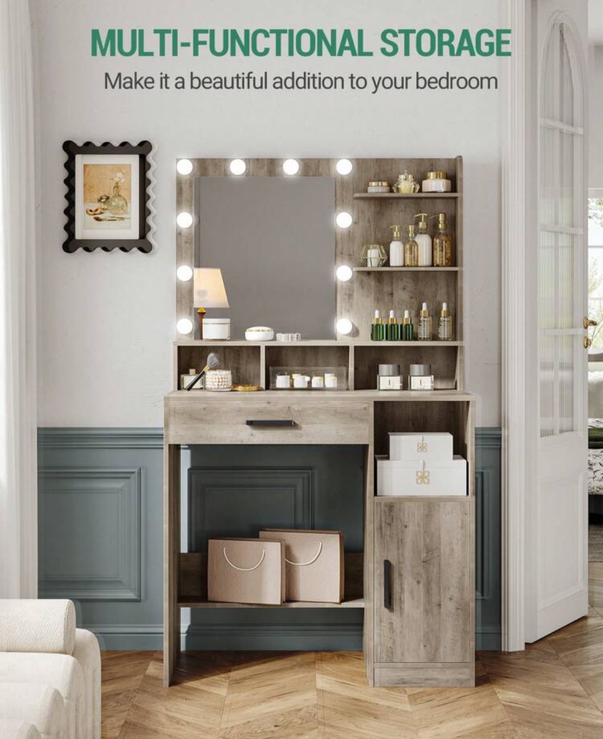 Dressing Table With Mirror And 10 LED Lights, Makeup Vanity With 3 Shelves