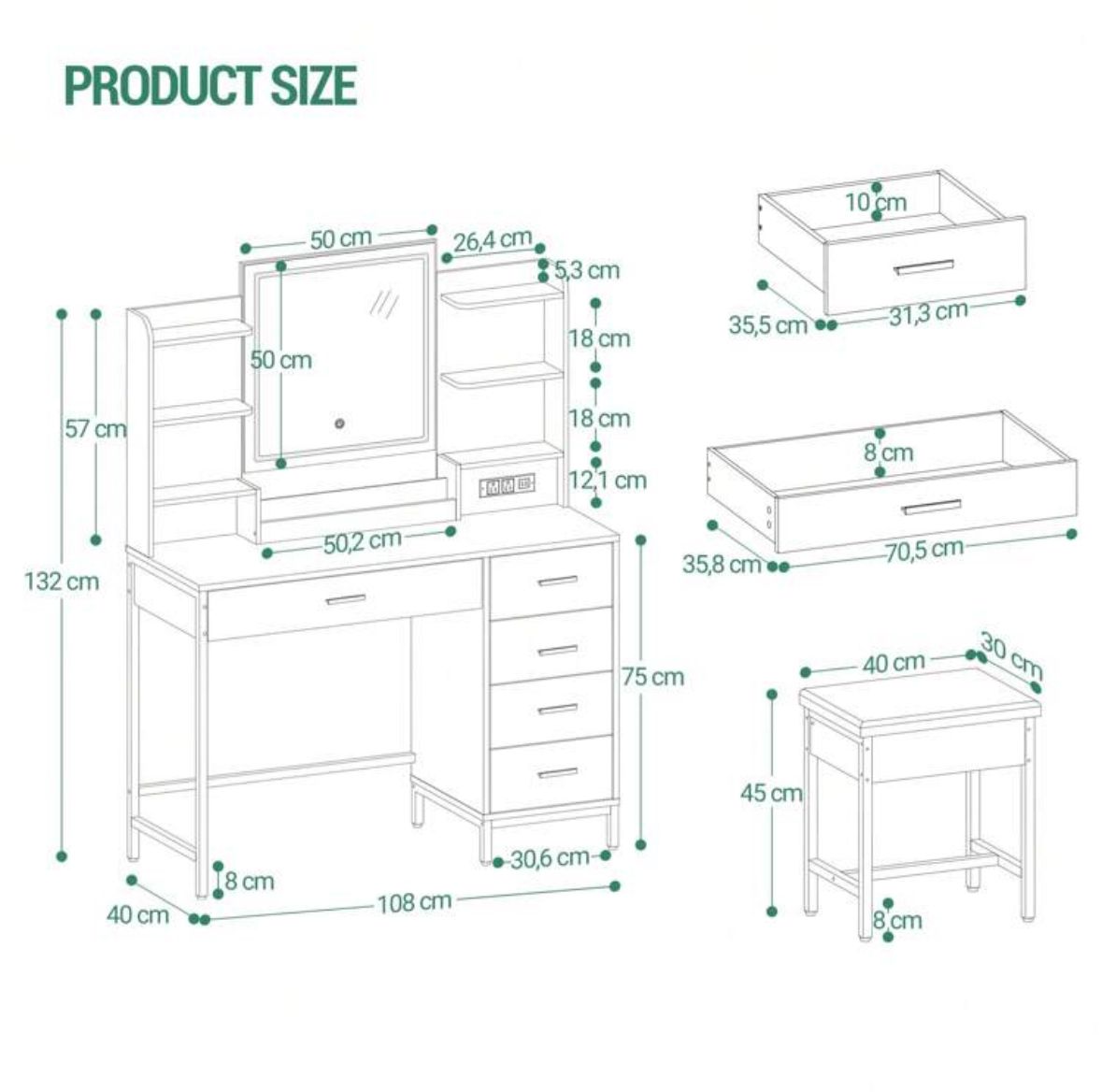 Dressing Table, With Padded Stool, HD Mirror, 5 Drawers, Open Storage Compartment, Modern Style, White-Gold