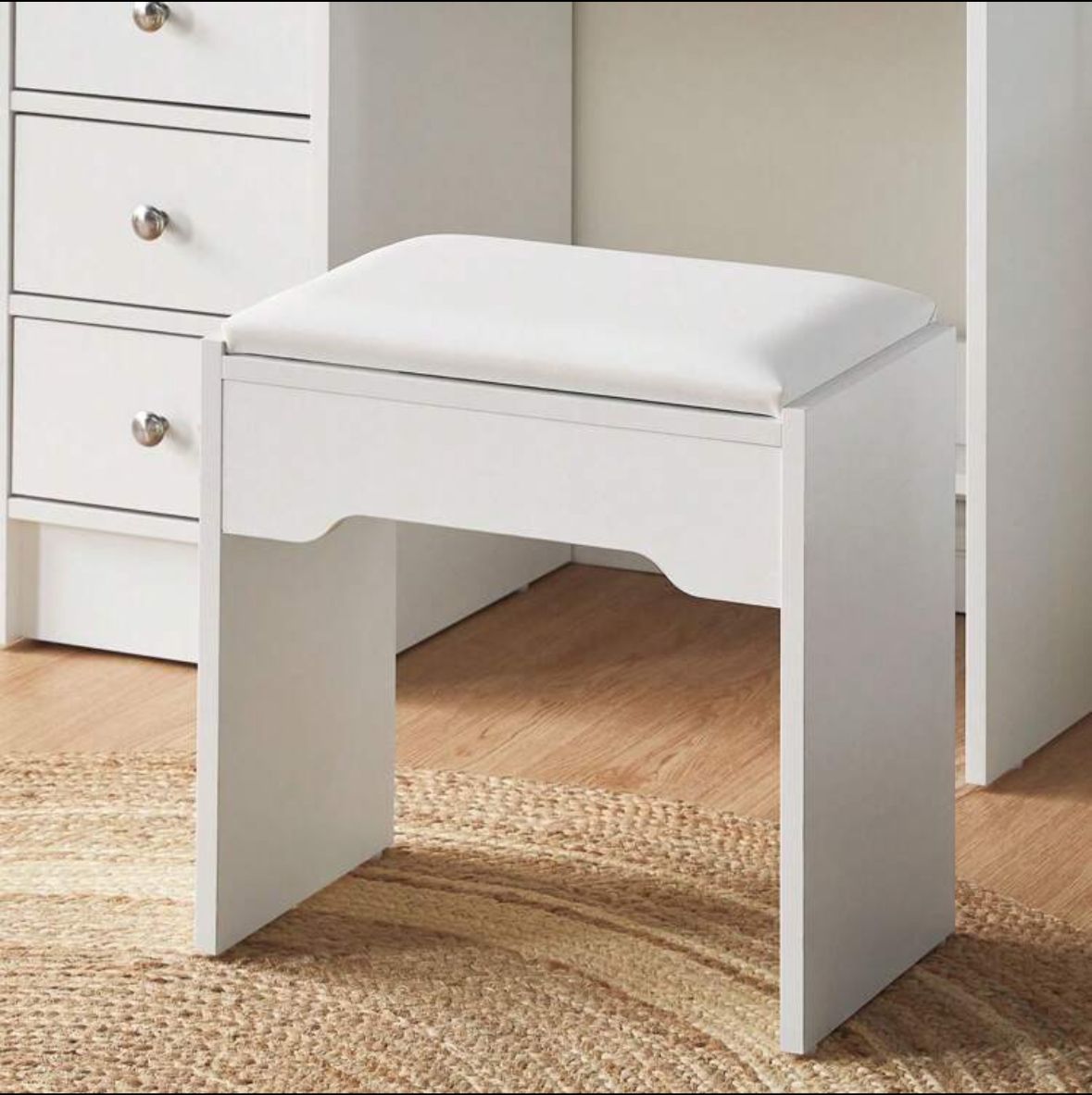 White Vanity Dressing Table Set With 5 Drawers, 1 Slide Mirror, 7 Shelves And Stool Bedroom Furniture
