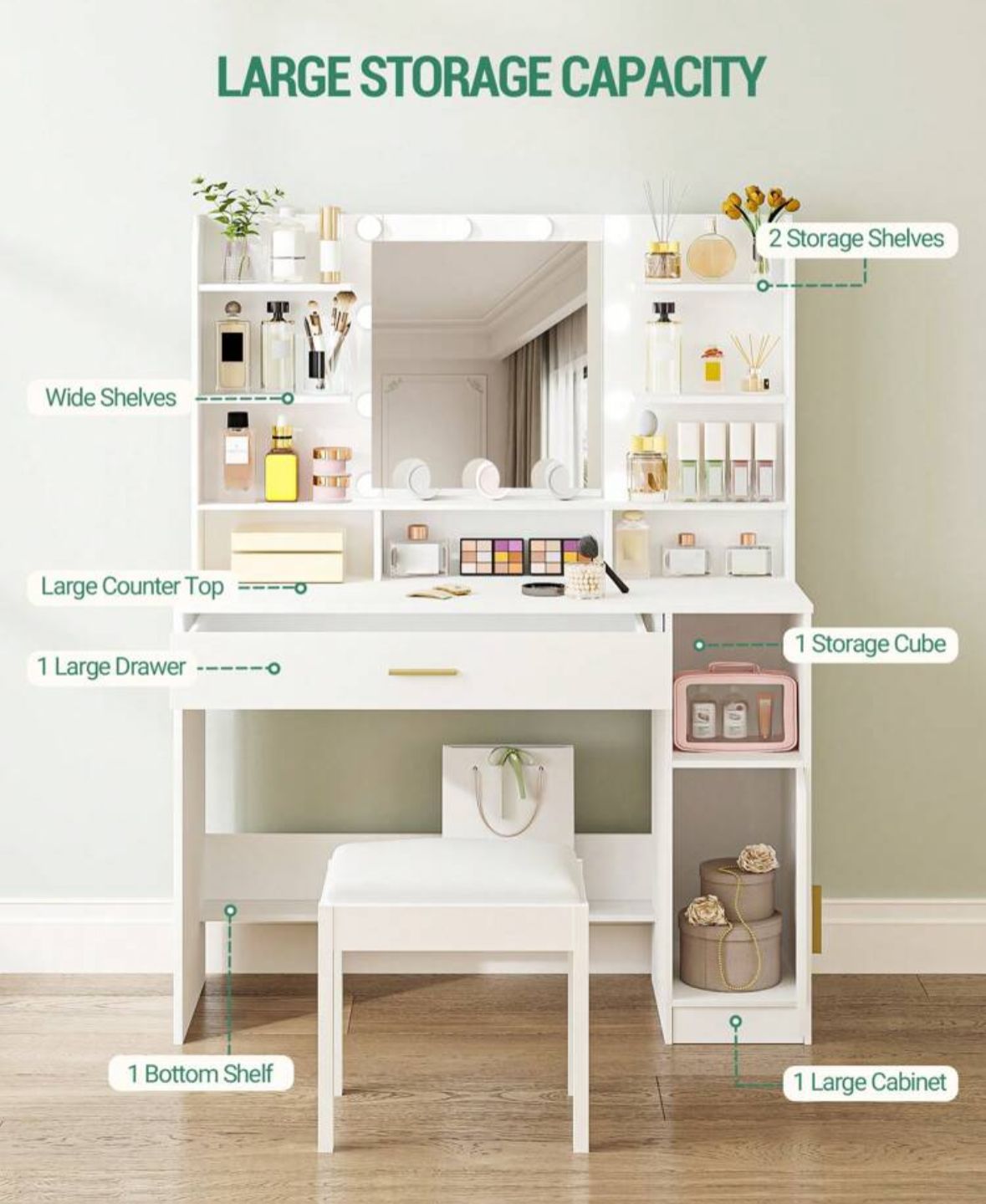 Dressing Table, Large Tabletop With Mirror, LED Light With Adjustable Brightness