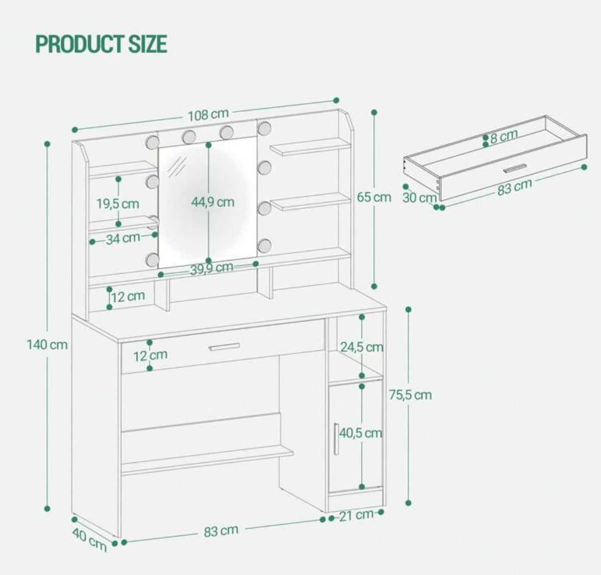 Dressing Table, Large Tabletop With Mirror, LED Light With Adjustable Brightness