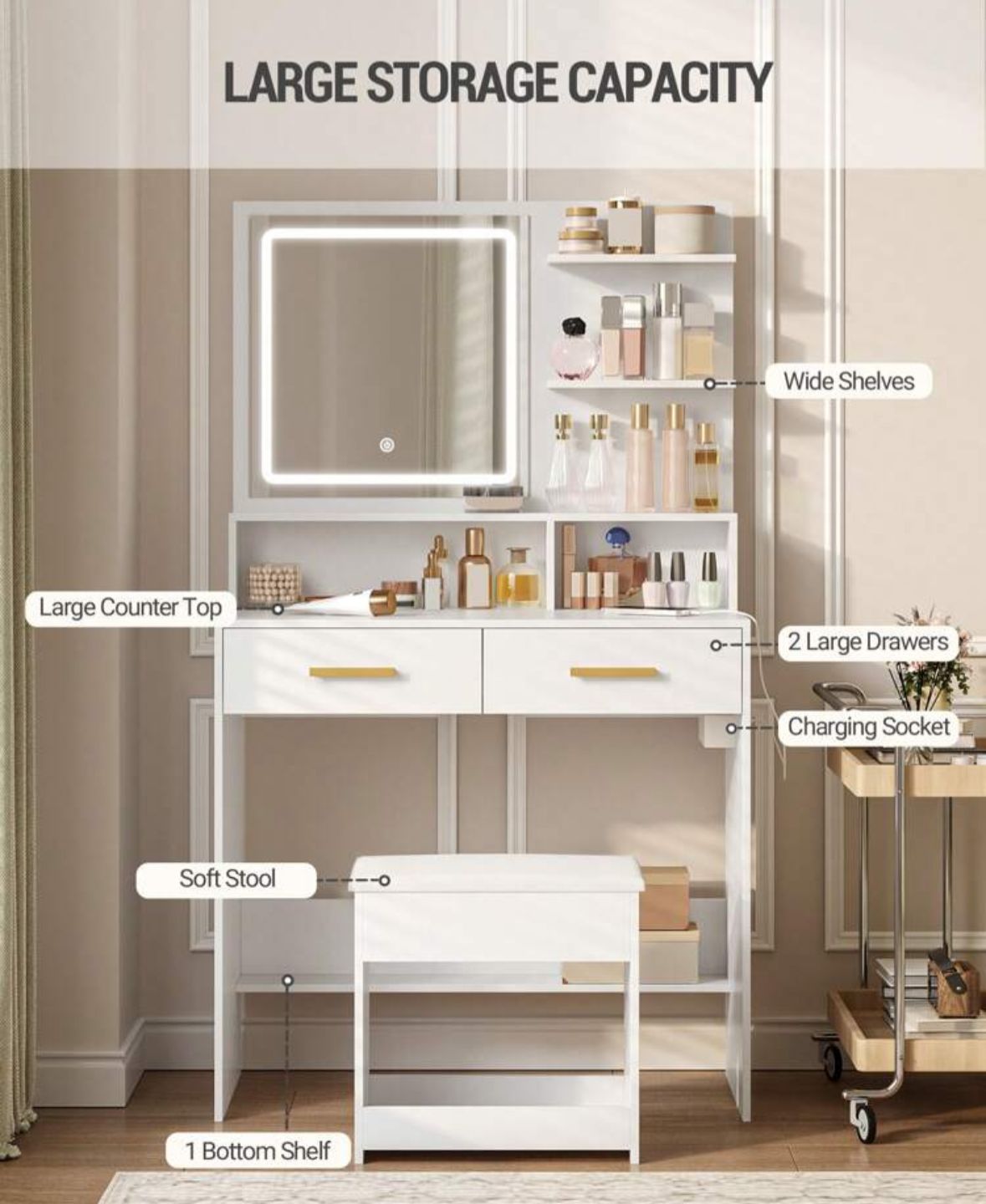 Dressing Table With Adjustable LED Lights, Rechargeable AC Socket And USB Port, Vanity Makeup With Dressing Stool