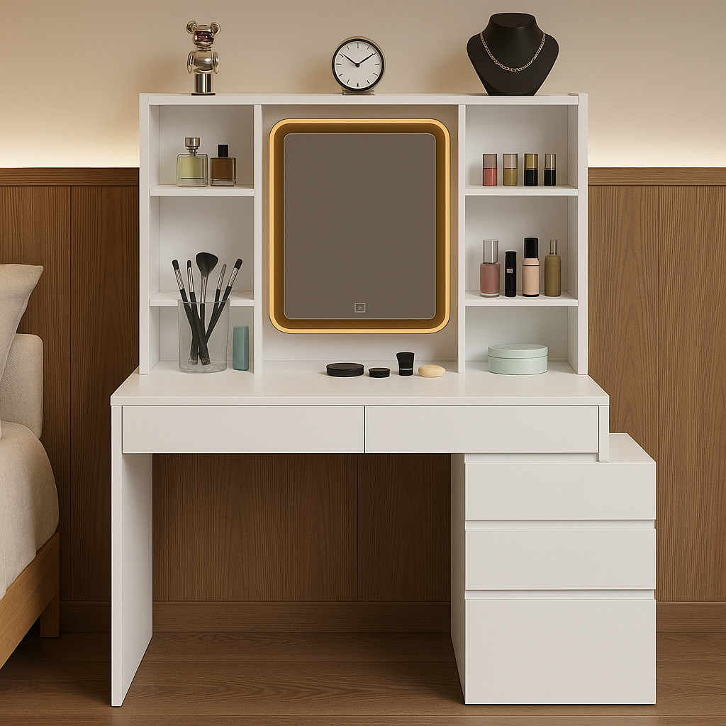 Large Vanity Desk Dressing Table With LED Lights, 3 Light Colours, Adjustable Brightness, Vanity Desk With Mirror