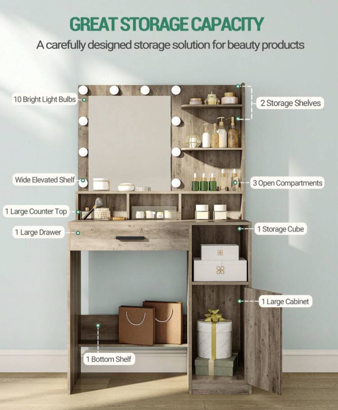 Dressing Table With Mirror And 10 LED Lights, Makeup Vanity With 3 Shelves