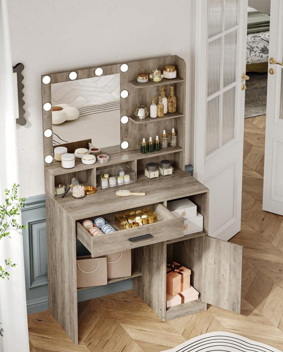 Dressing Table With Mirror And 10 LED Lights, Makeup Vanity With 3 Shelves