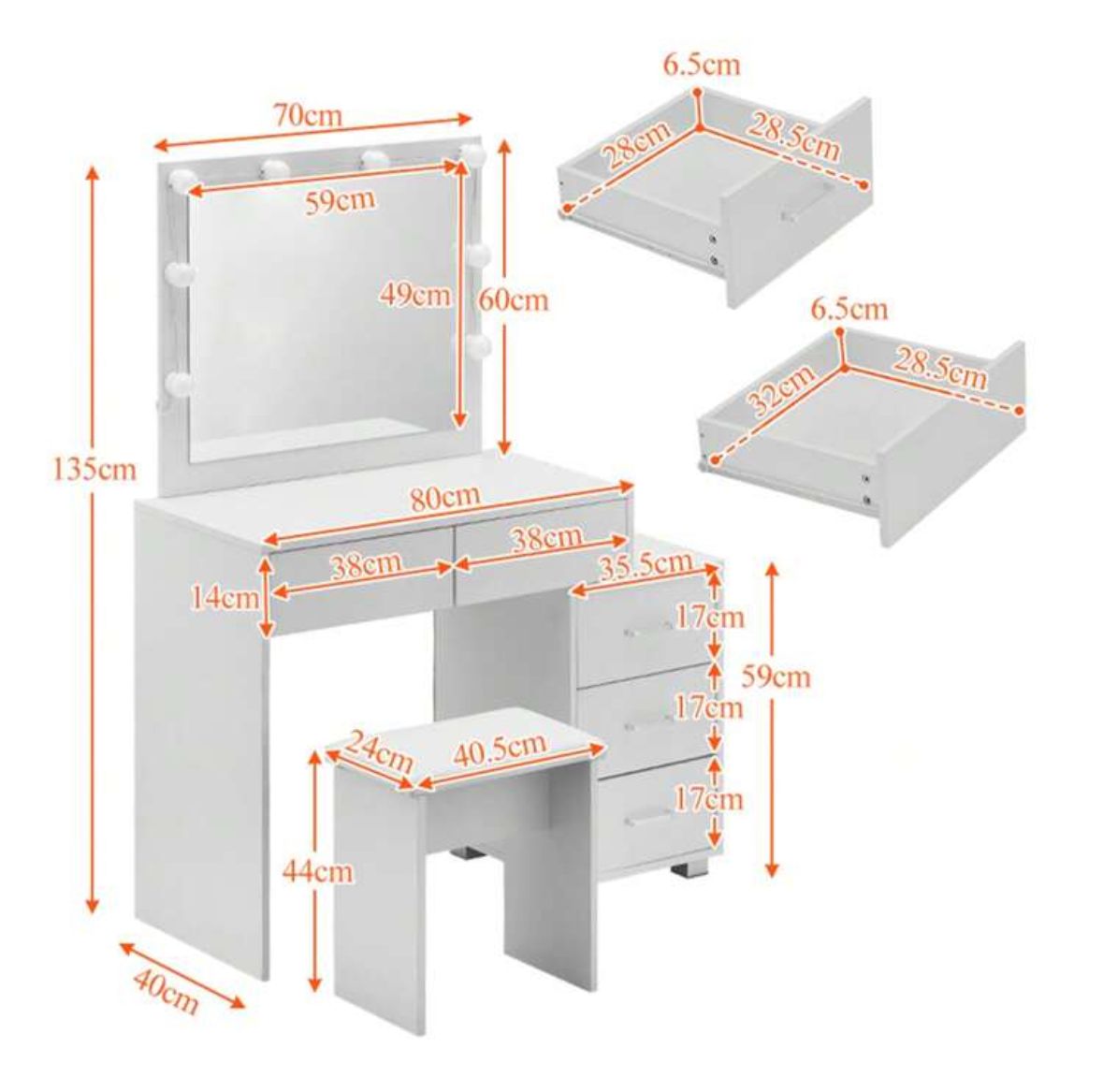 Dressing Table And Stool, 5 Drawers Vanity Table Adjustable Brightness Mirror