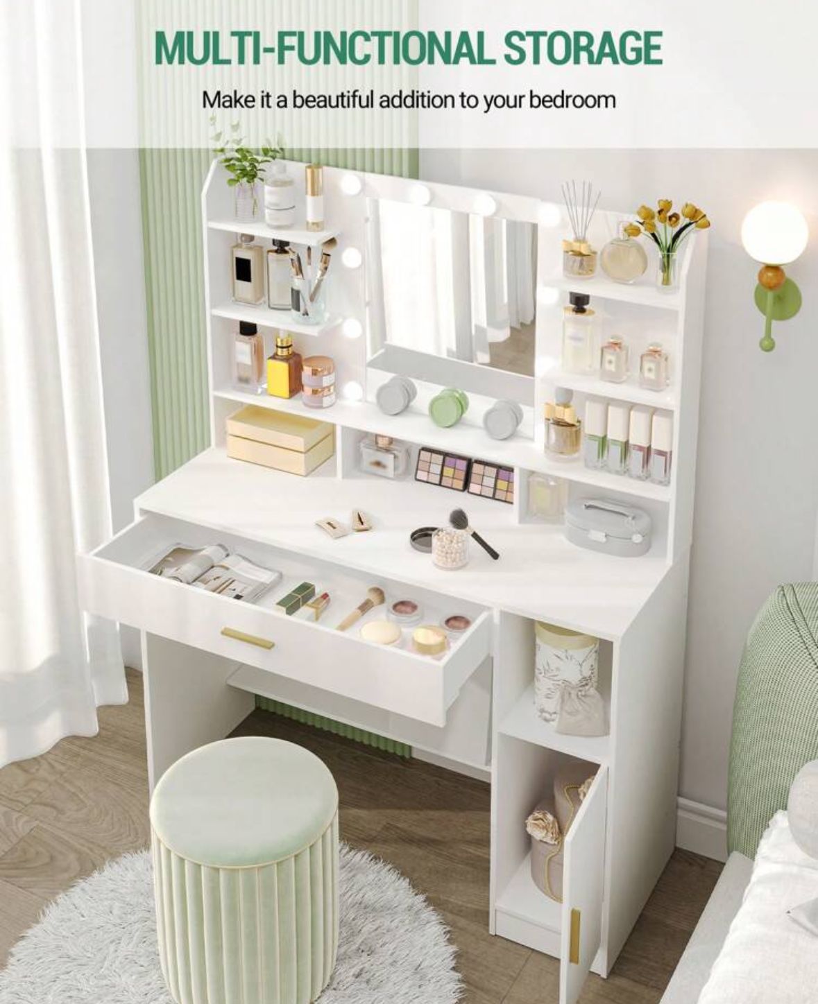 Dressing Table, Large Tabletop With Mirror, LED Light With Adjustable Brightness