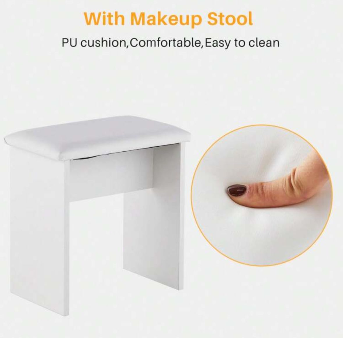 White Dressing Table With Mirror And Cushioned Stool, 7 Drawers Vanity Table