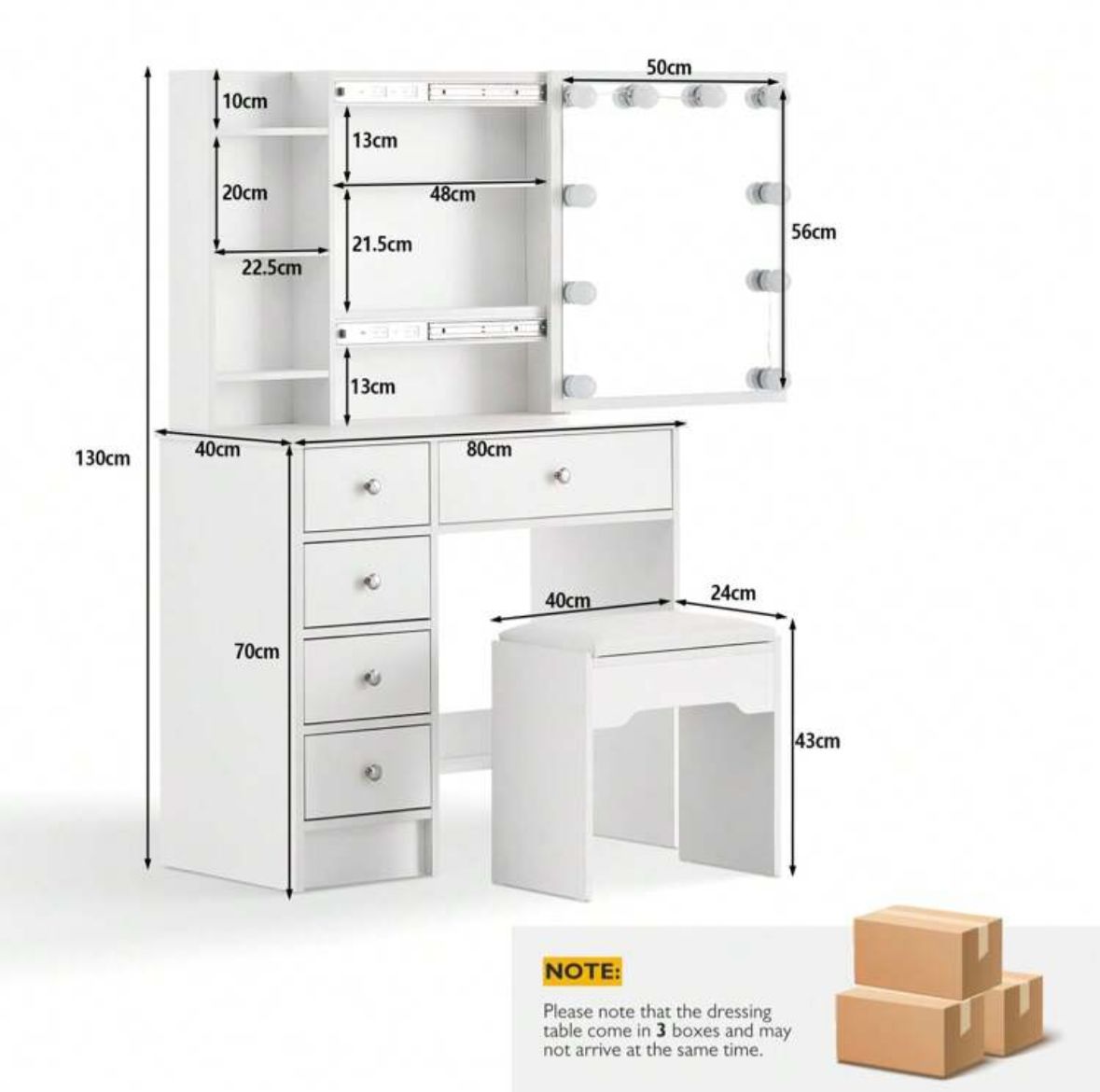 White Vanity Dressing Table Set With 5 Drawers, 1 Slide Mirror, 7 Shelves And Stool Bedroom Furniture
