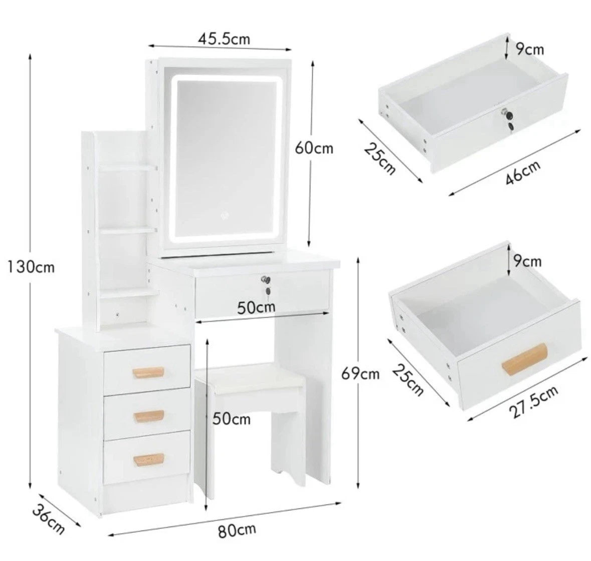 Dressing Table With LED Lighted Mirror And Stool, Vanity Makeup Table, 4 Drawer