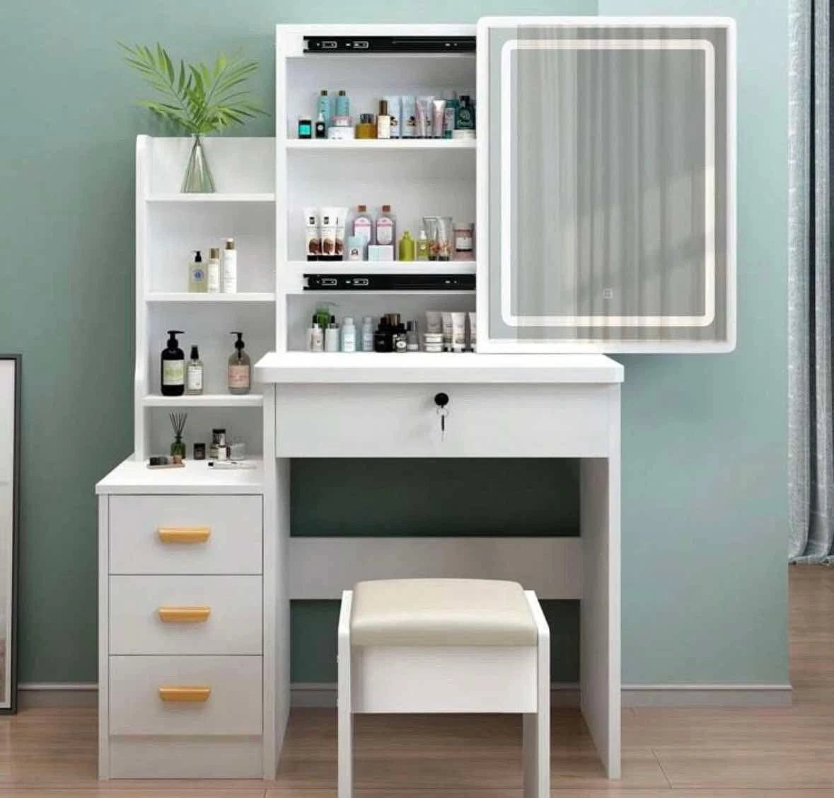 Dressing Table With LED Lighted Mirror And Stool, Vanity Makeup Table, 4 Drawer