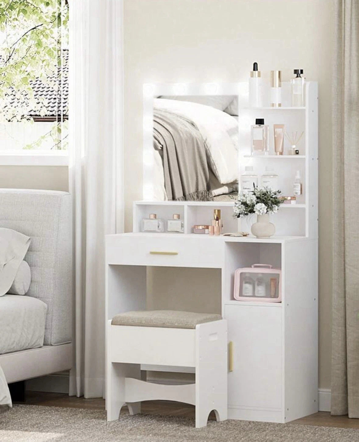 Dressing Table for Women with LED Lighted Mirror & Drawers – Makeup Vanity Table for Bedroom, Beauty Desk, Modern Girls’ Glam Station