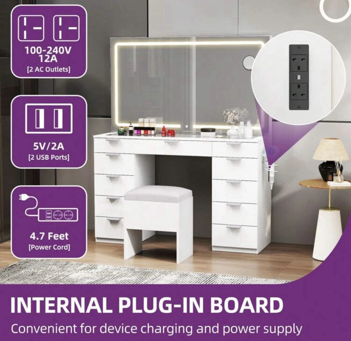 Dressing Table With LED ,Glass Top Bedroom Vanity Table, 11 Drawers,White