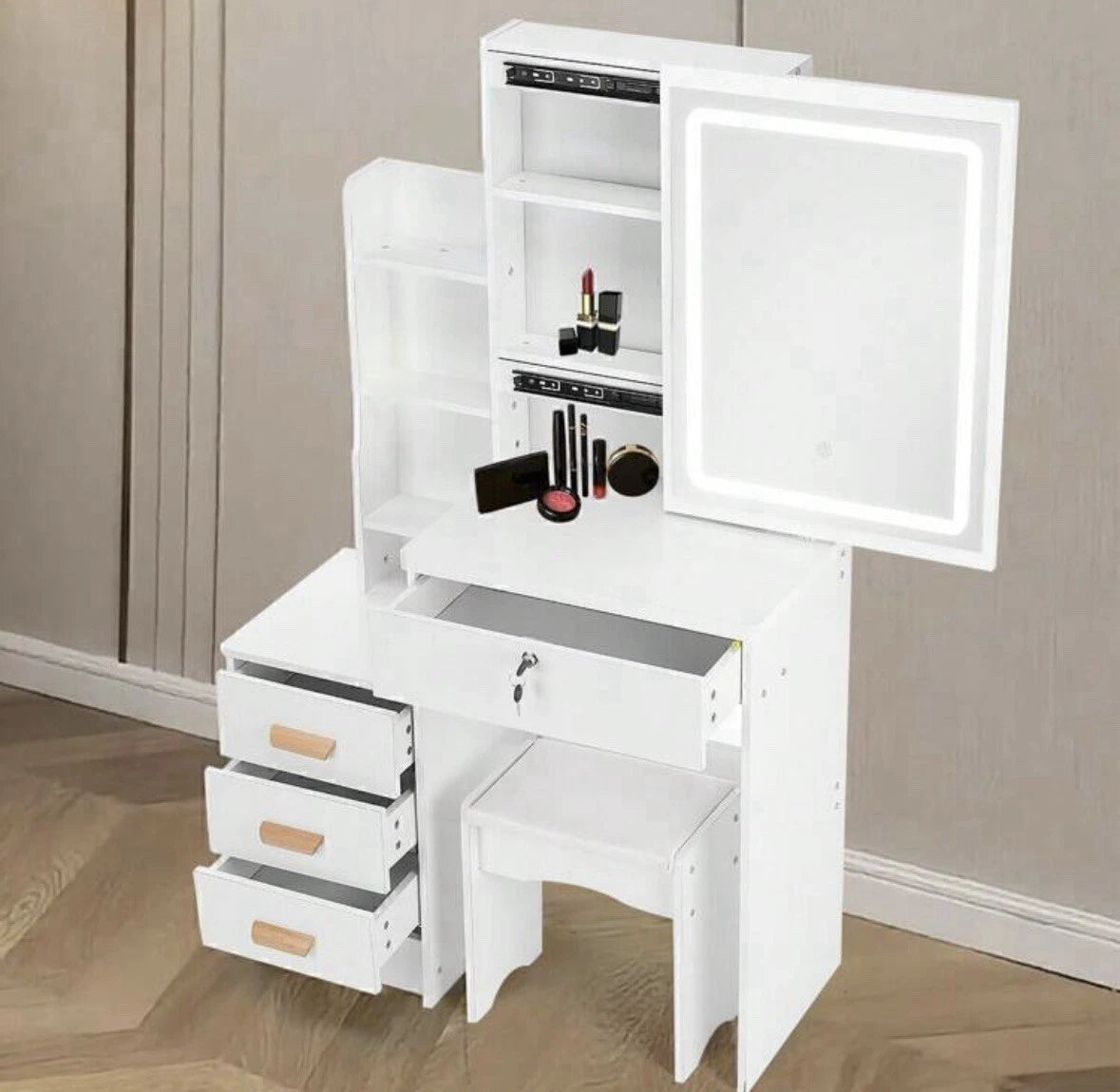 Dressing Table With LED Lighted Mirror And Stool, Vanity Makeup Table, 4 Drawer