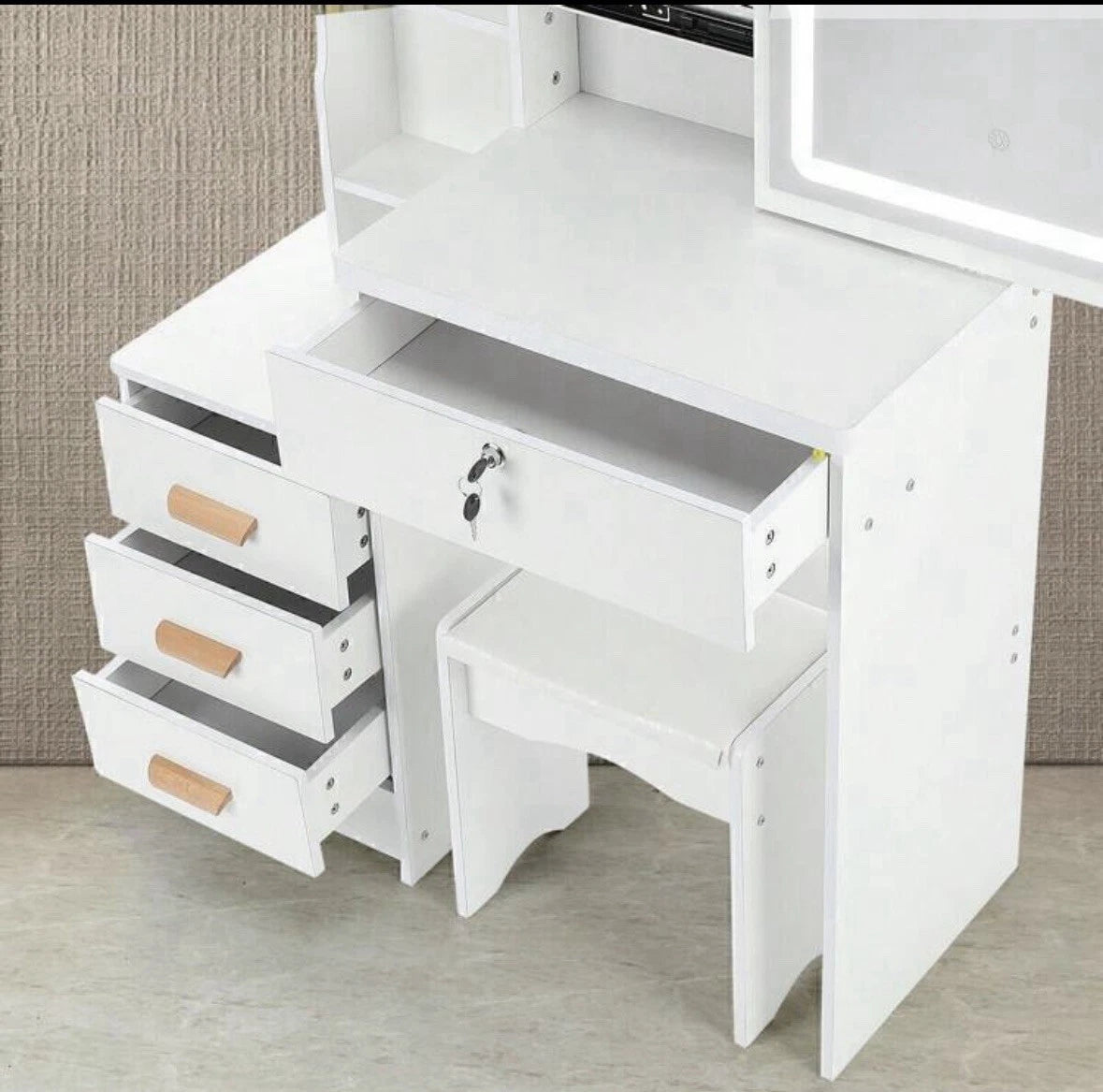 Dressing Table With LED Lighted Mirror And Stool, Vanity Makeup Table, 4 Drawer