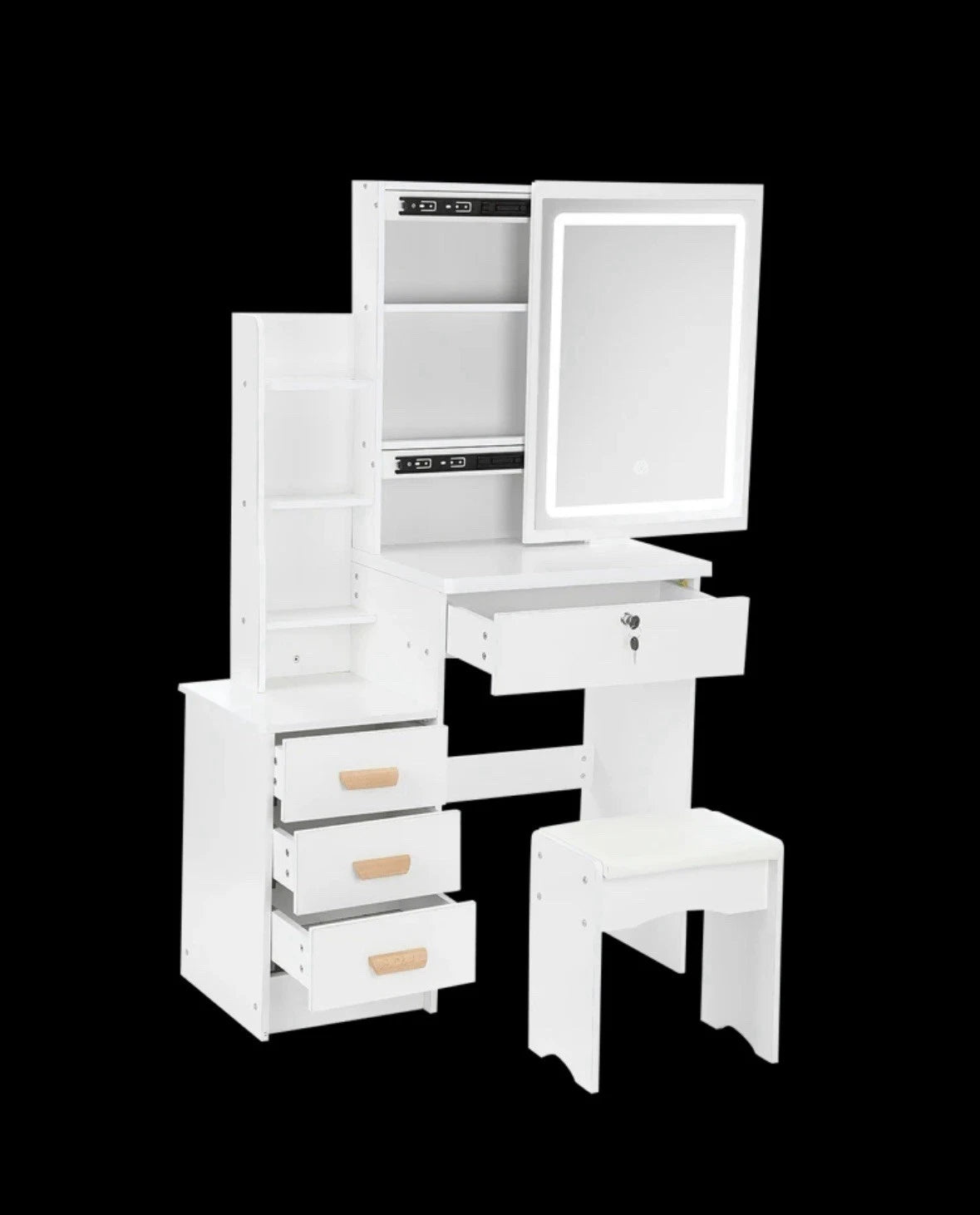 Dressing Table With LED Lighted Mirror And Stool, Vanity Makeup Table, 4 Drawer