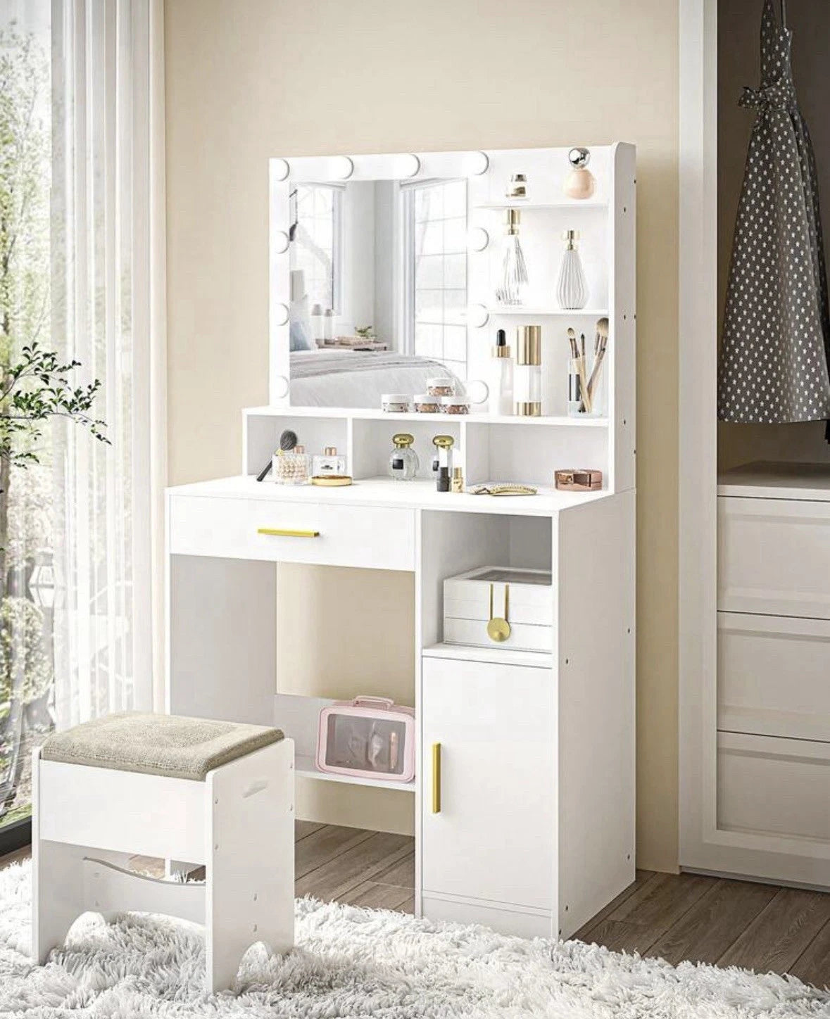 Dressing Table for Women with LED Lighted Mirror & Drawers – Makeup Vanity Table for Bedroom, Beauty Desk, Modern Girls’ Glam Station