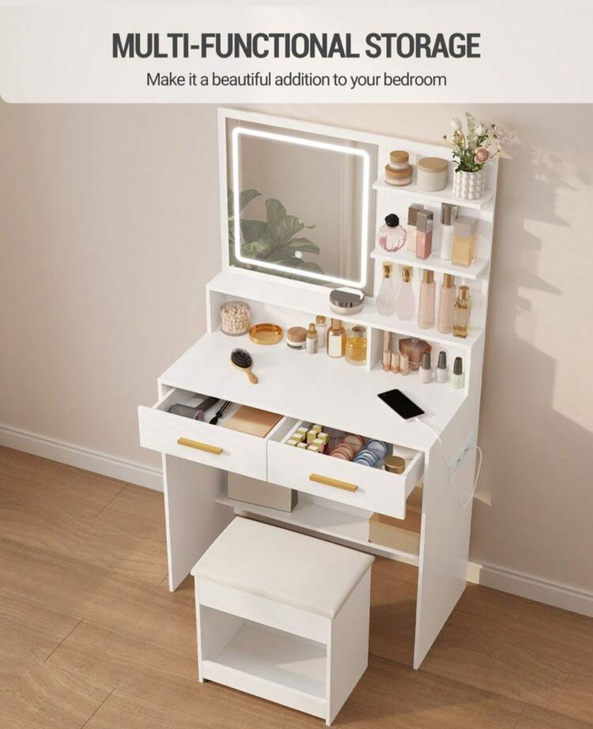 Dressing Table With Adjustable LED Lights, Rechargeable AC Socket And USB Port, Vanity Makeup With Dressing Stool