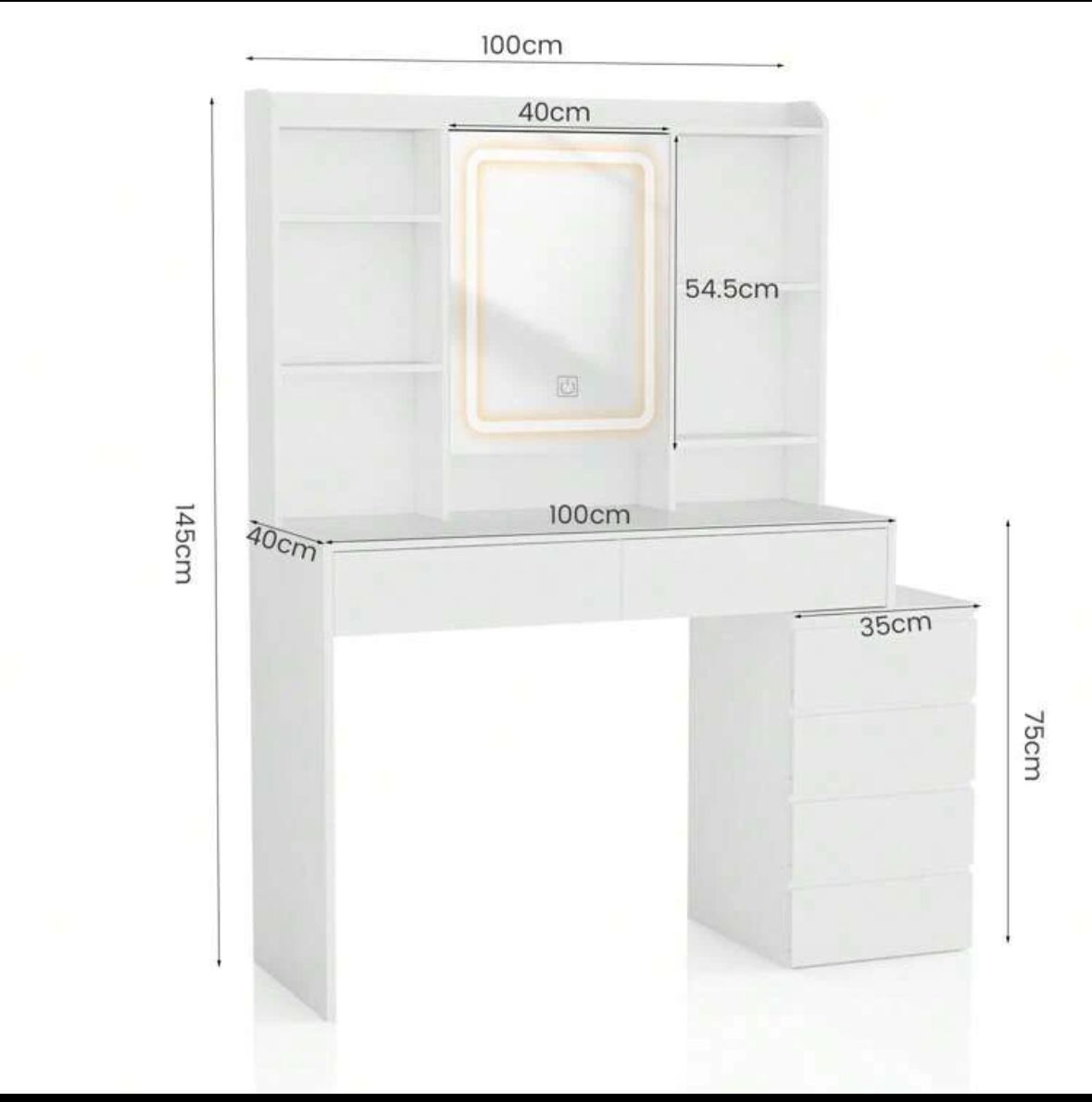 Large Vanity Desk Dressing Table With LED Lights, 3 Light Colours, Adjustable Brightness, Vanity Desk With Mirror