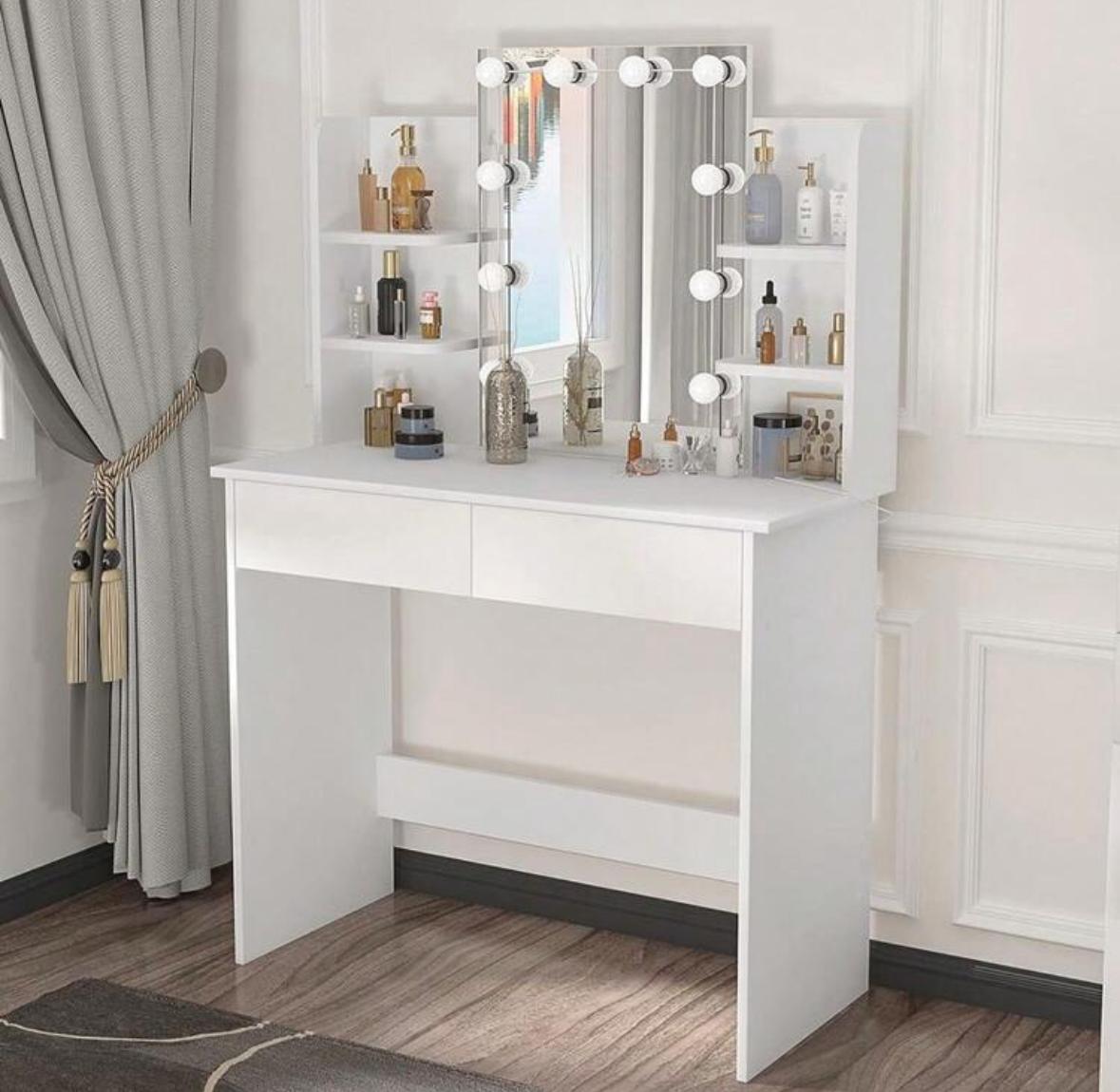 Large Vanity Desk Dressing Table Stool Set With LED Dimmable Mirror