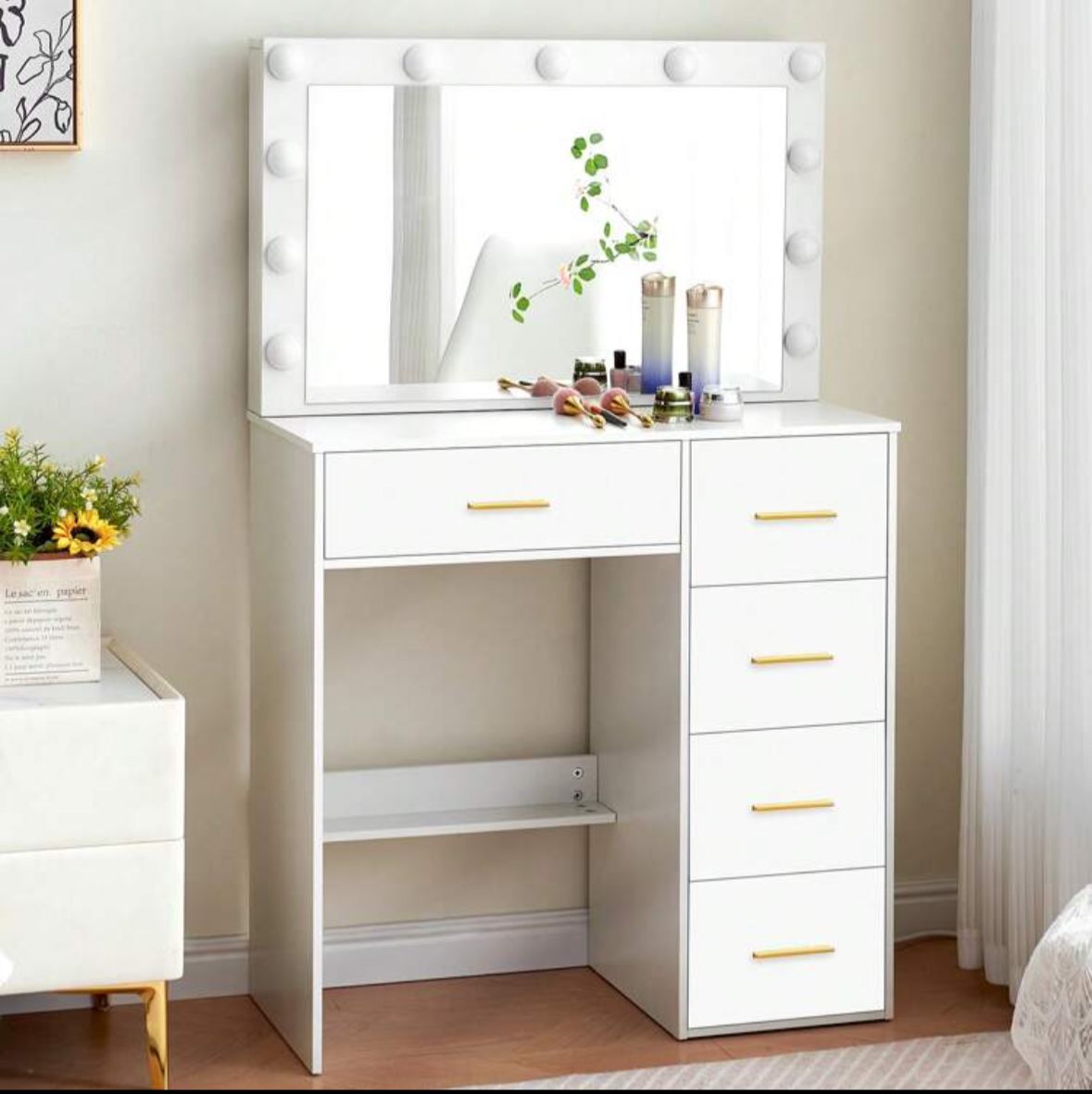 5-Drawers Vanity Table Set W/ Charging Station LED Mirror Makeup Desk Modern