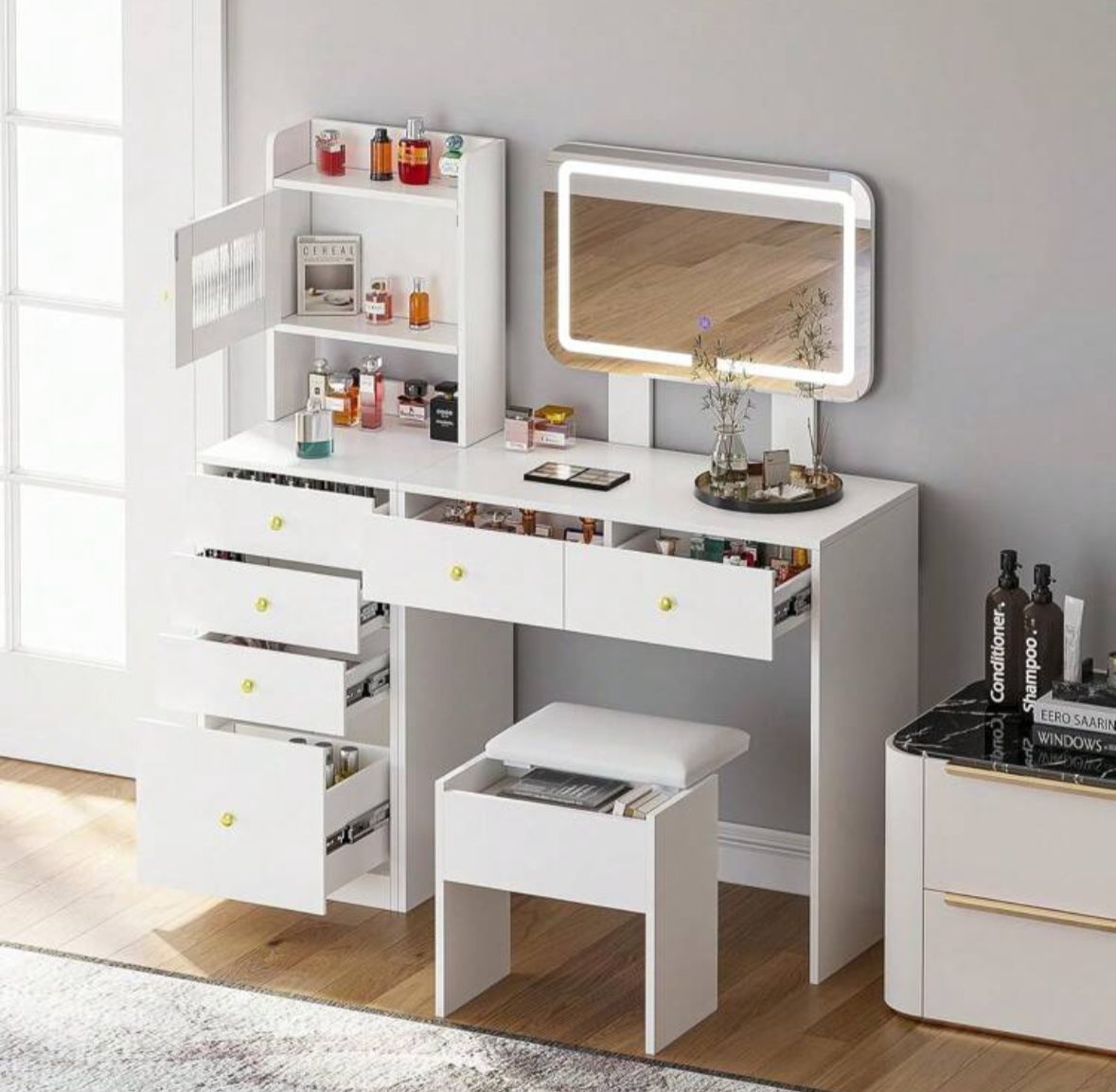White Dressing Table With Mirror And Stool, Vanity Desk With Height Adjustable Lighted Mirror, Makeup Table With 6 Drawers