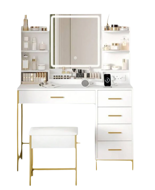 Dressing Table, With Padded Stool, HD Mirror, 5 Drawers, Open Storage Compartment, Modern Style, White-Gold