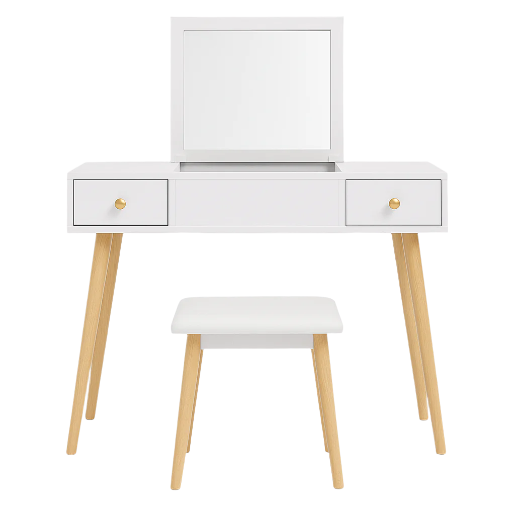 Dressing Table With Flip Up Mirror And Stool, Vanity Makeup Table Set With 2 Drawers And 5 Storage Compartments For Bedroom, White