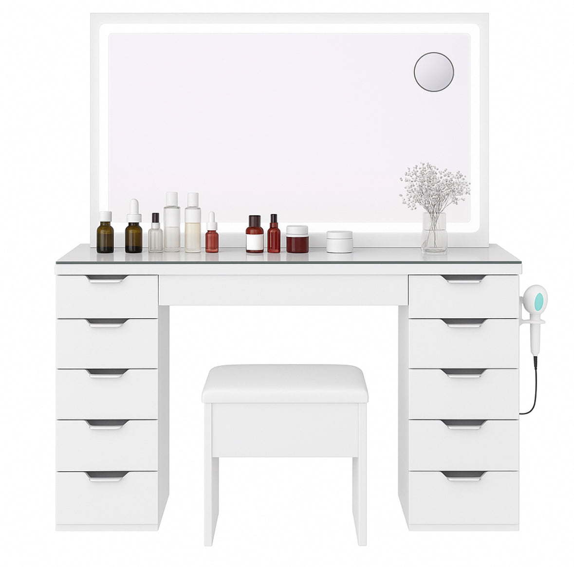 Dressing Table With LED ,Glass Top Bedroom Vanity Table, 11 Drawers,White