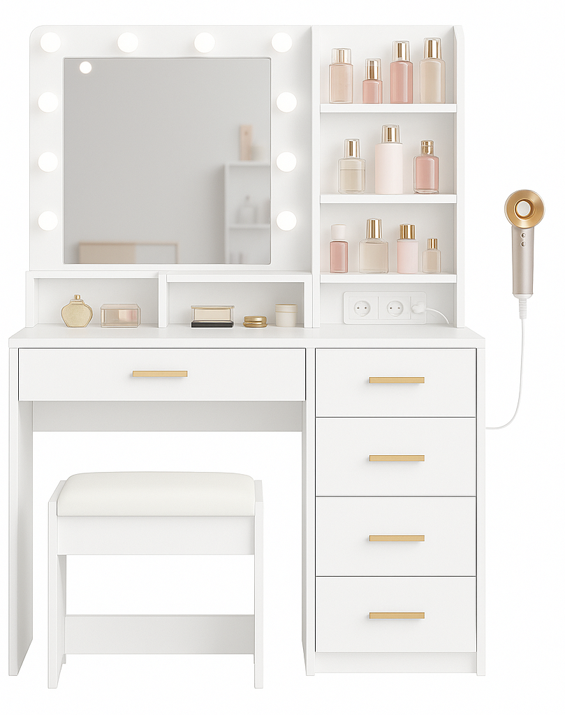 Dressing Table With 3-Colour LED Adjustable Brightness, Vanity Table With Plug And Large Mirror, Stool And Hairdryer Holder