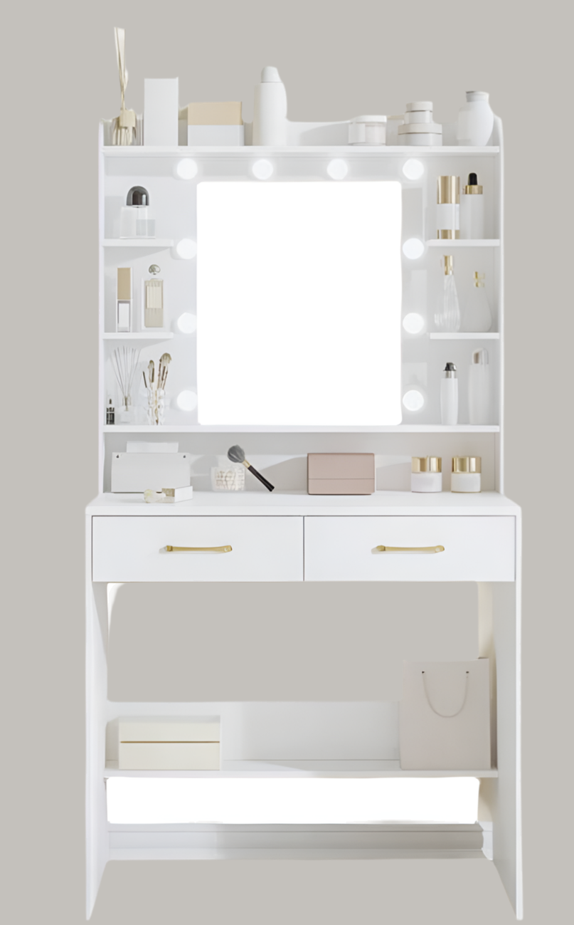 Dressing Table With Mirror, Dressing Table With Shelves And 2 Drawers, For Bedroom, Living Room, Adjustable Brightness