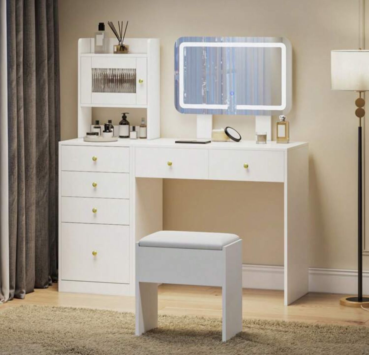 White Dressing Table With Mirror And Stool, Vanity Desk With Height Adjustable Lighted Mirror, Makeup Table With 6 Drawers