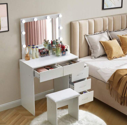 Dressing Table And Stool, 5 Drawers Vanity Table Adjustable Brightness Mirror