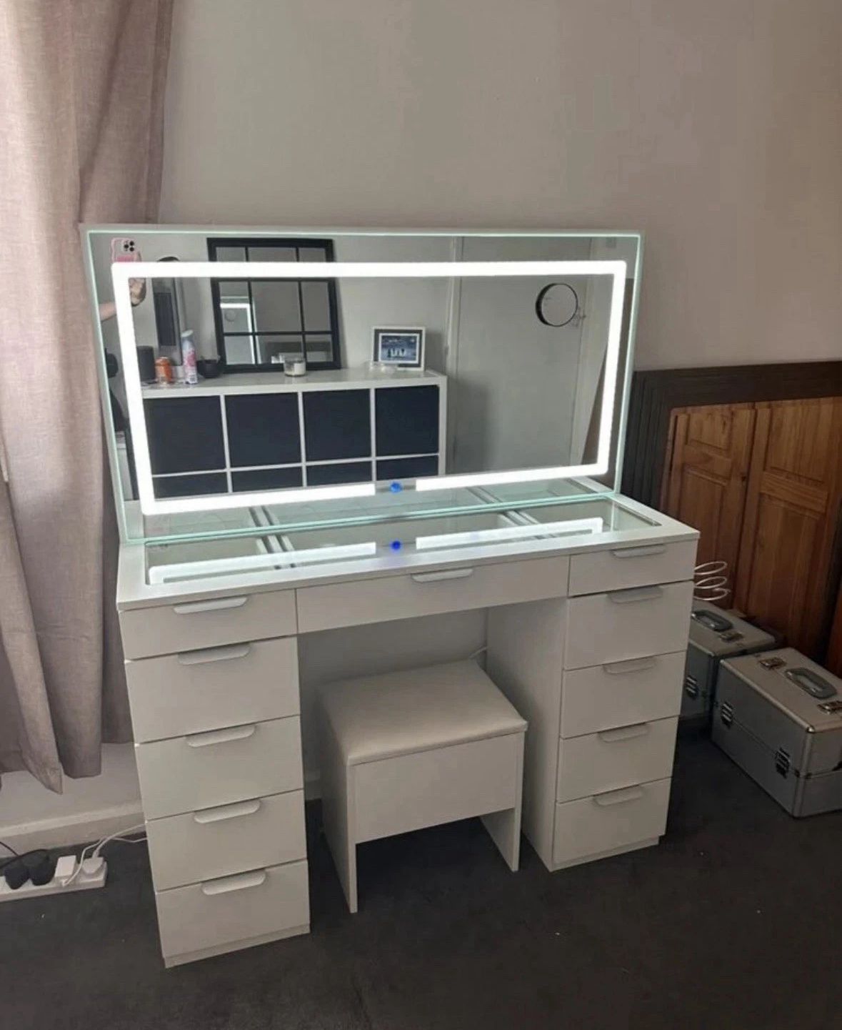 Dressing Table With LED ,Glass Top Bedroom Vanity Table, 11 Drawers,White