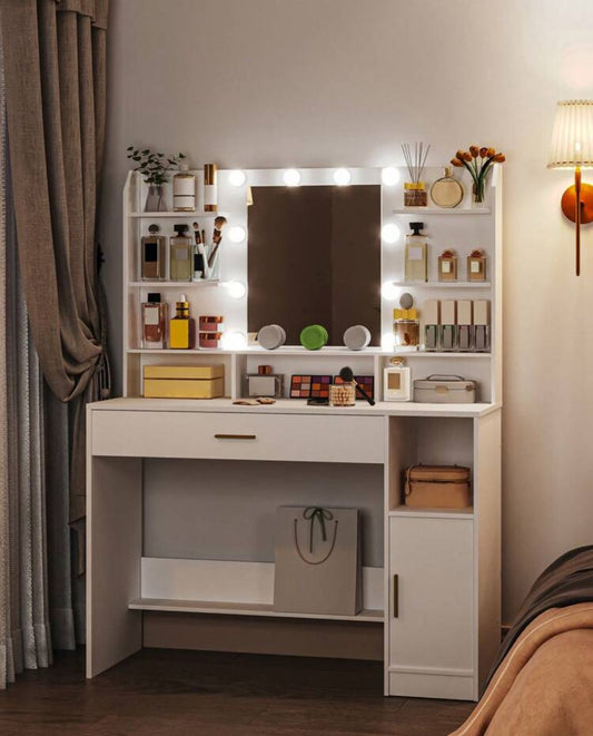 Dressing Table, Large Tabletop With Mirror, LED Light With Adjustable Brightness