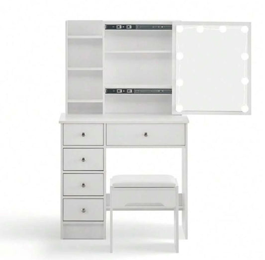 White Vanity Dressing Table Set With 5 Drawers, 1 Slide Mirror, 7 Shelves And Stool Bedroom Furniture